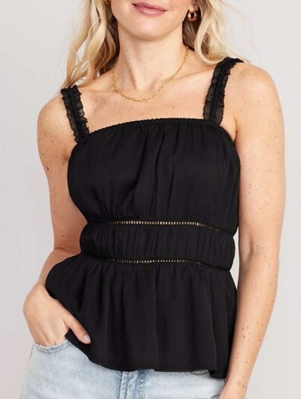 Old Navy Black Peplum Tank Top Ruffle Peek A Boo Crochet Sheer Lined Babydoll